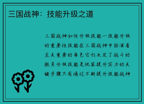 三国战神：技能升级之道